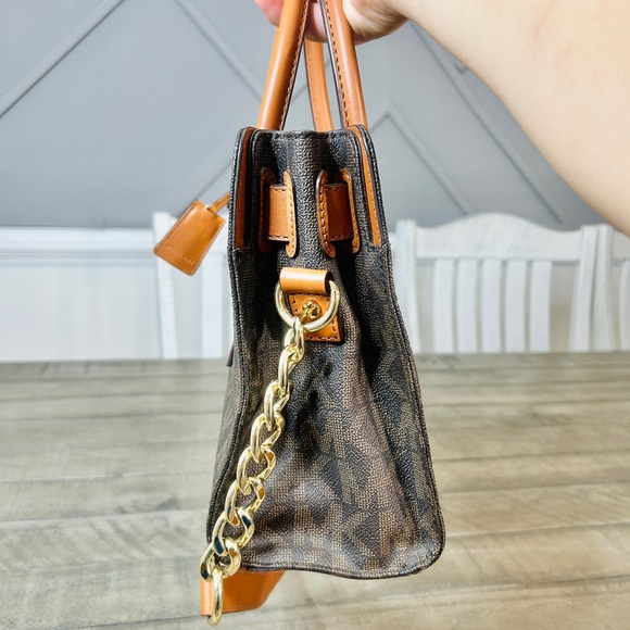 Michael Kors Hamilton East West Satchel Tote Purse Brown Signature Gold Chain - Picture 5 of 6